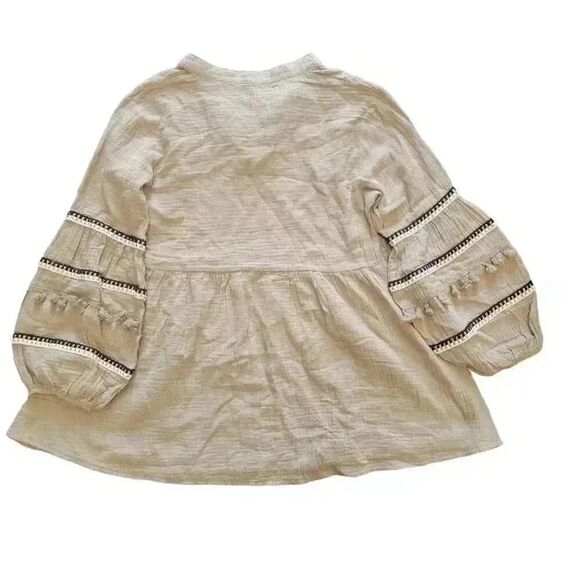 AndTheWhy Women's Light Brown Crinkled Cotton Long Sleeve V-Neck Top NEW - Picture 5 of 16